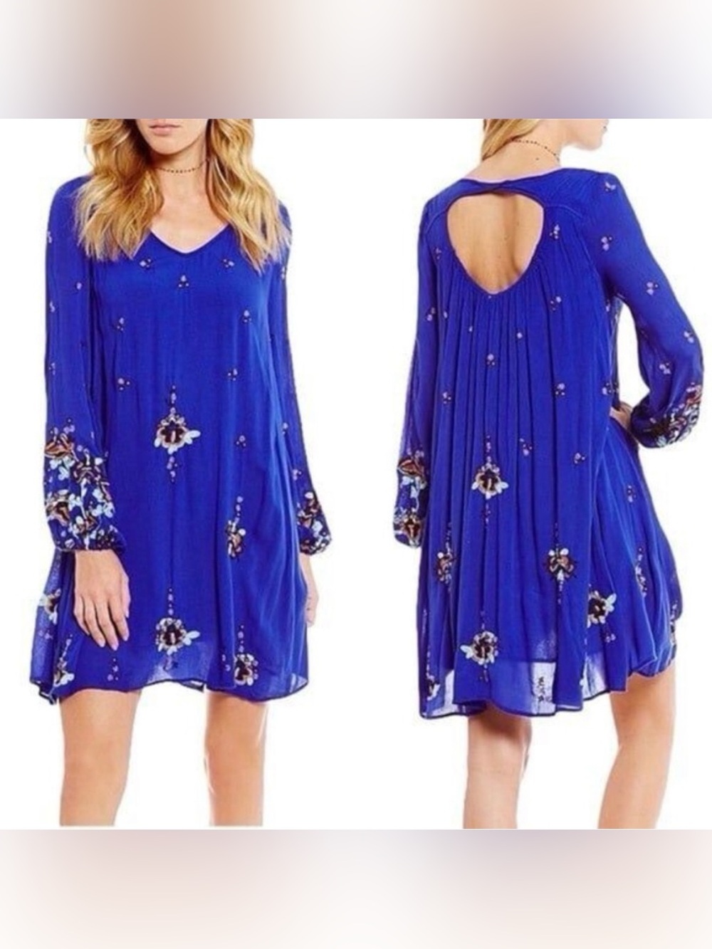 Free People Cobalt Blue Embroidered Floral, Open-Back Long Sleeve Swing Dress